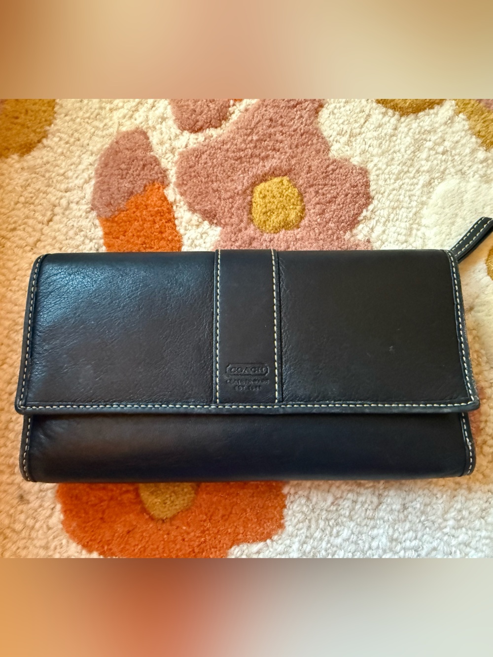 🦋Vintage Coach Hampton Black Leather Tri-fold Checkbook Wallet Zippered